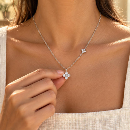 Sterling Silver Clover Moissanite Necklace, Dainty Flower Diamond Necklace Gift for Her