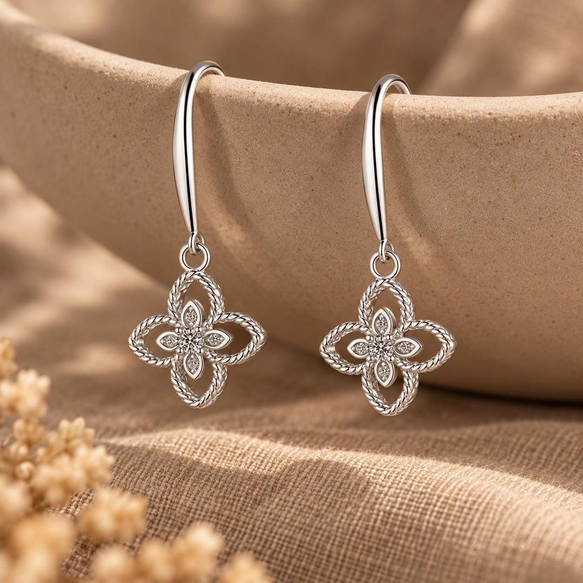 Sterling Silver Dainty Clover Dangle Earrings, Moissanite Floral Drop Earrings Gift for Her