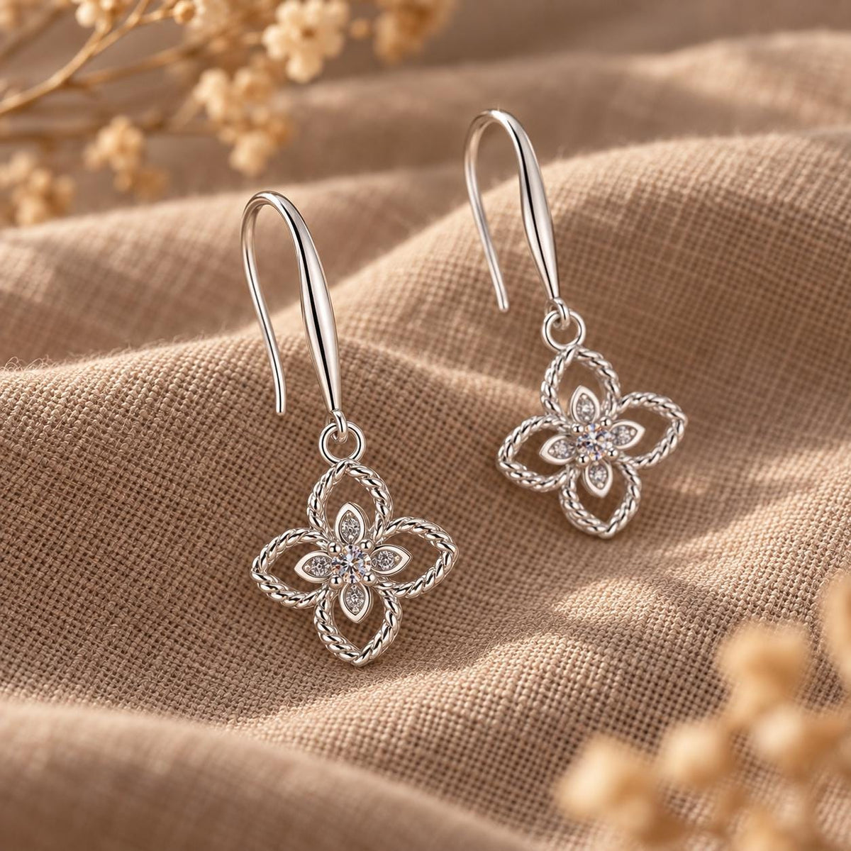 Sterling Silver Dainty Clover Dangle Earrings, Moissanite Floral Drop Earrings Gift for Her