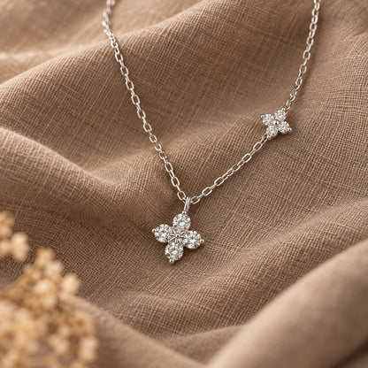 Sterling Silver Clover Moissanite Necklace, Dainty Flower Diamond Necklace Gift for Her