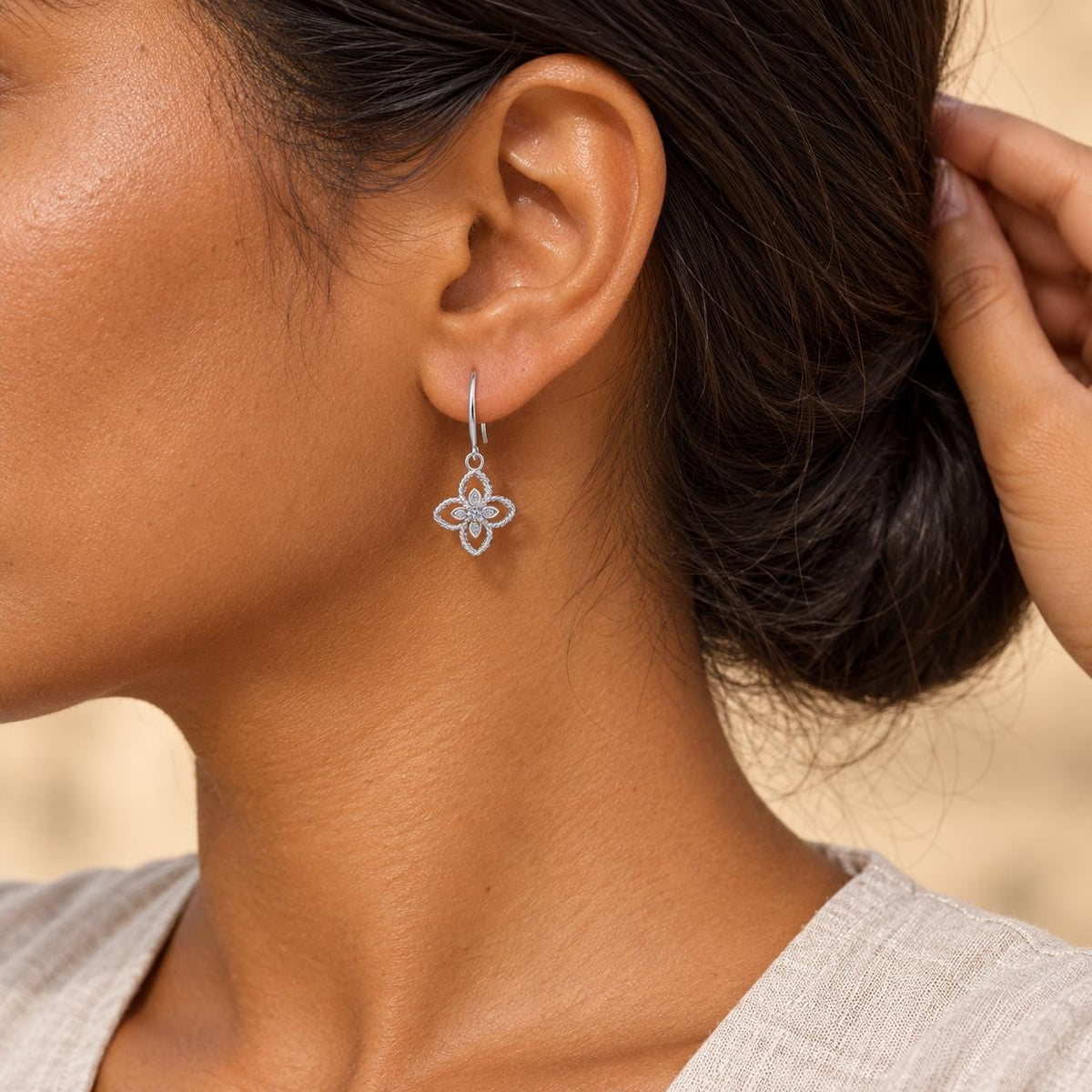 Sterling Silver Dainty Clover Dangle Earrings, Moissanite Floral Drop Earrings Gift for Her