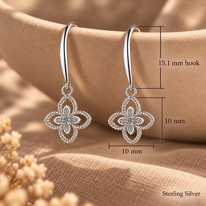 Sterling Silver Dainty Clover Dangle Earrings, Moissanite Floral Drop Earrings Gift for Her