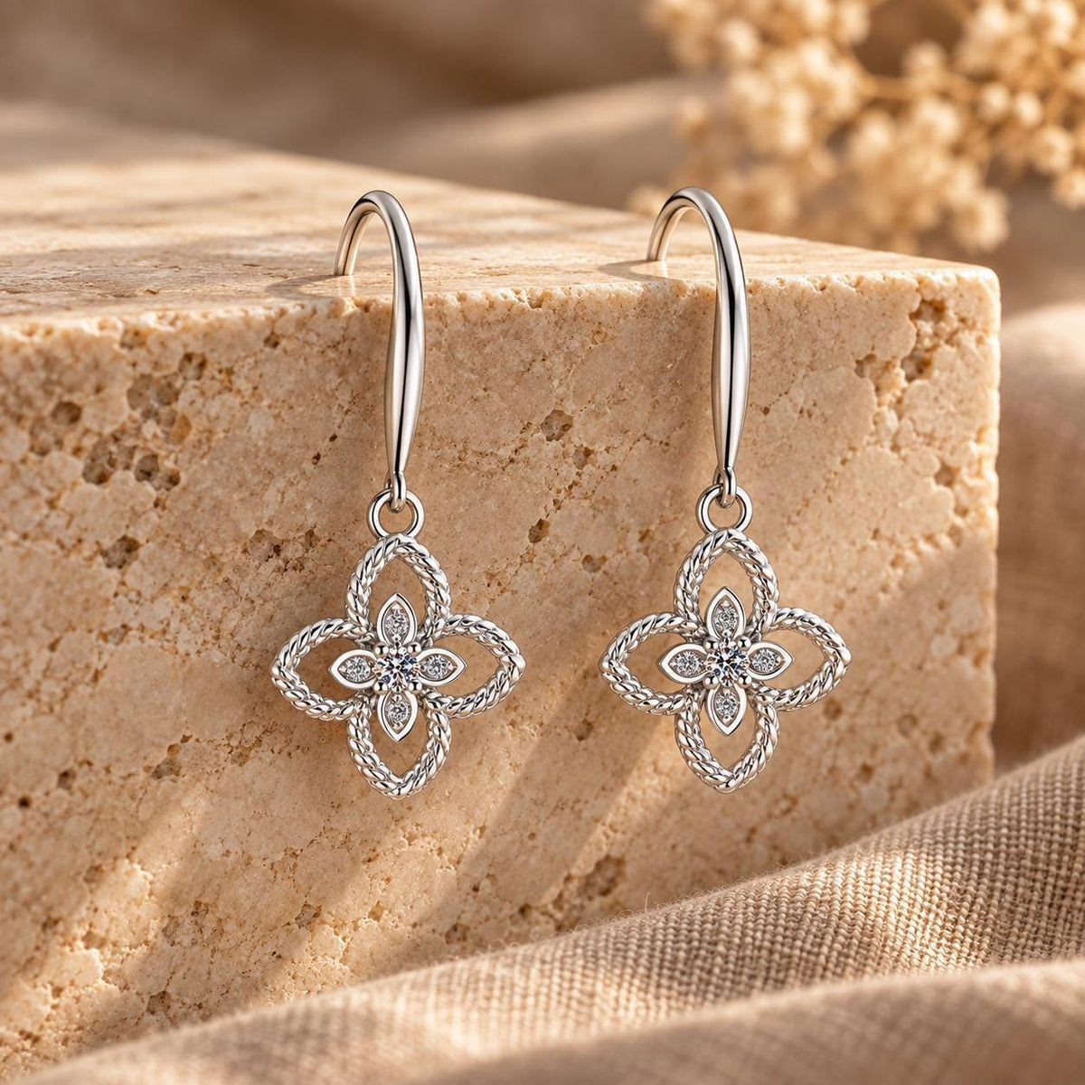 Sterling Silver Dainty Clover Dangle Earrings, Moissanite Floral Drop Earrings Gift for Her