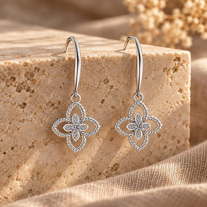 Sterling Silver Dainty Clover Dangle Earrings, Moissanite Floral Drop Earrings Gift for Her