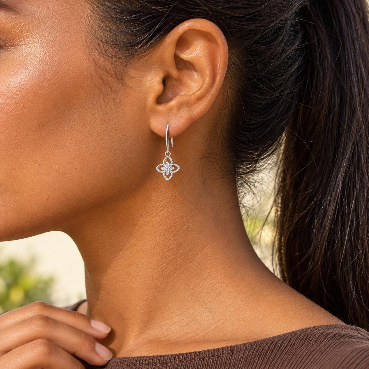 Sterling Silver Dainty Clover Dangle Earrings, Moissanite Floral Drop Earrings Gift for Her