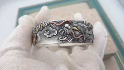 Sterling Silver Handcrafted Wide Dragon Cuff Bracelet, Heavy Mens Cuff Bracelet, Unisex Dragon Cuff