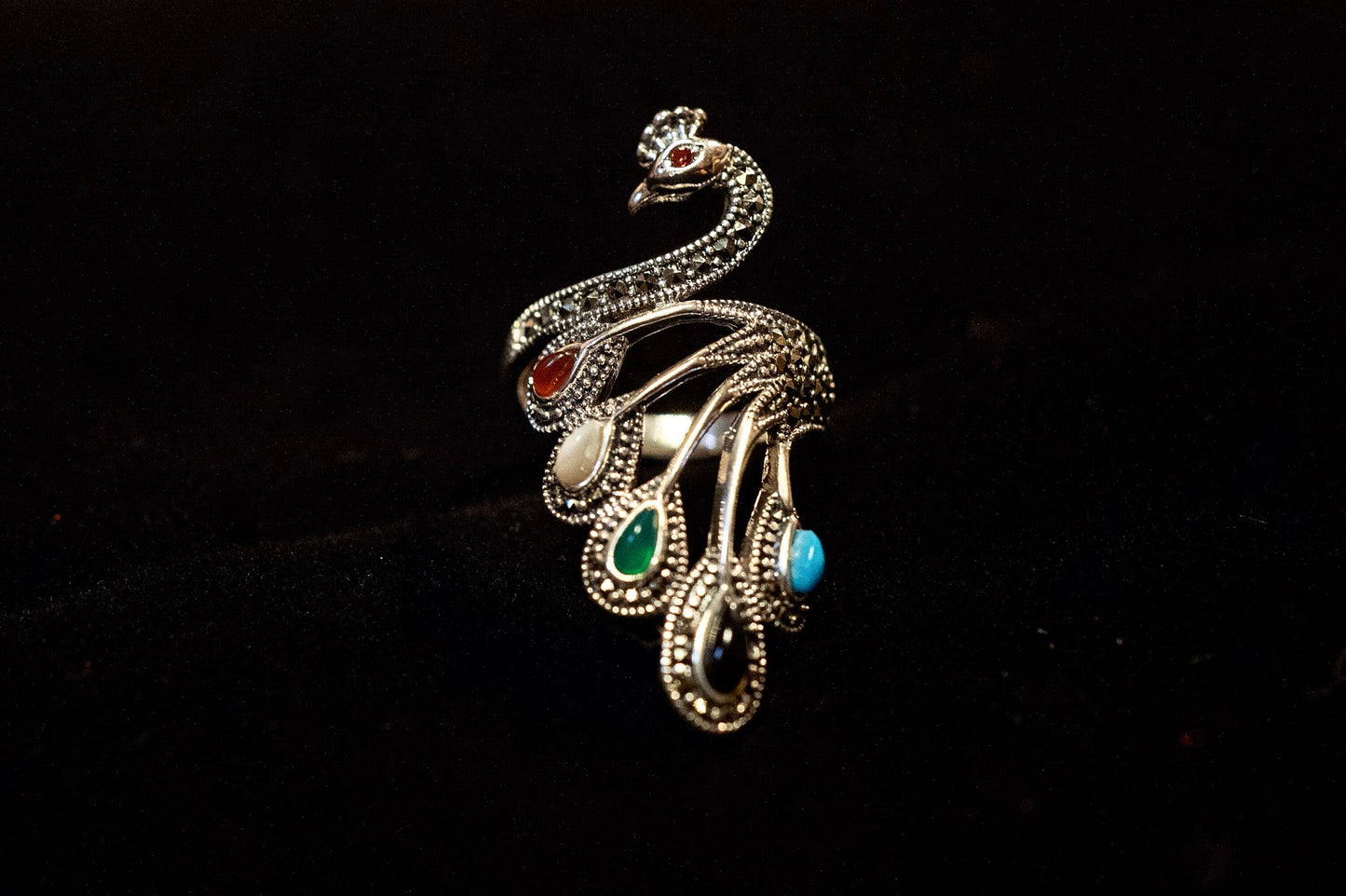 Multi stone ring, peacock ring, bird ring, Sterling silver statement ring, adjustable ring , jewelry gift for her, peacock jewelry - TibiCollection