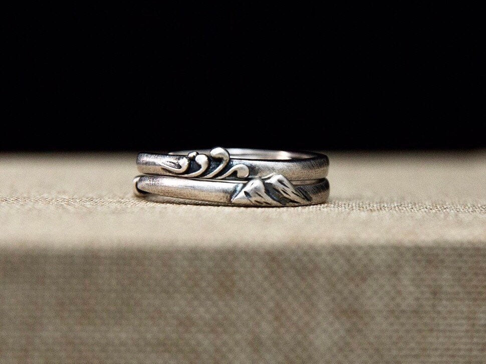 Mountain ring, nature inspired couple rings set, best friend rings, ocean ring, sterling silver friendship ring, nature ring graduation gift - TibiCollection