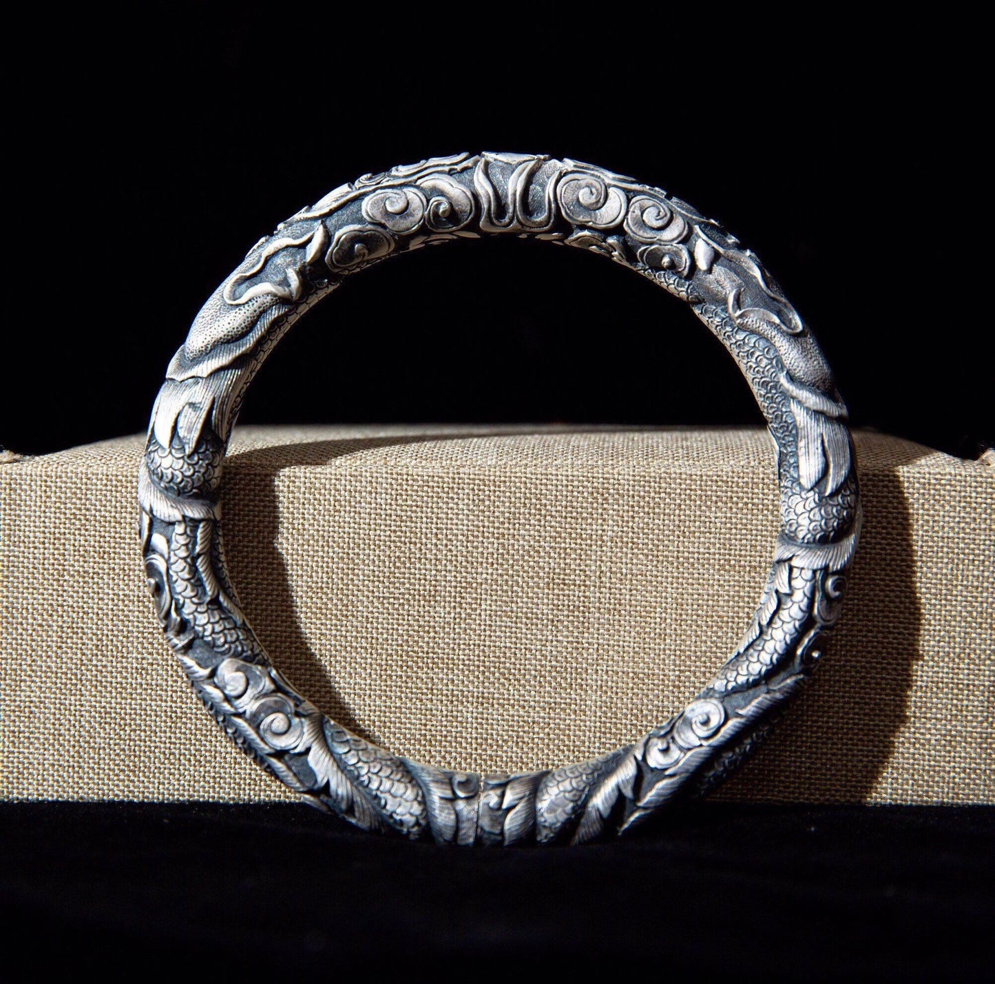 Chunky Fine Silver Engraved Dragon bracelet, valentines day gift for him, man cuff bracelet, solid sterling silver viking bracelet - TibiCollection