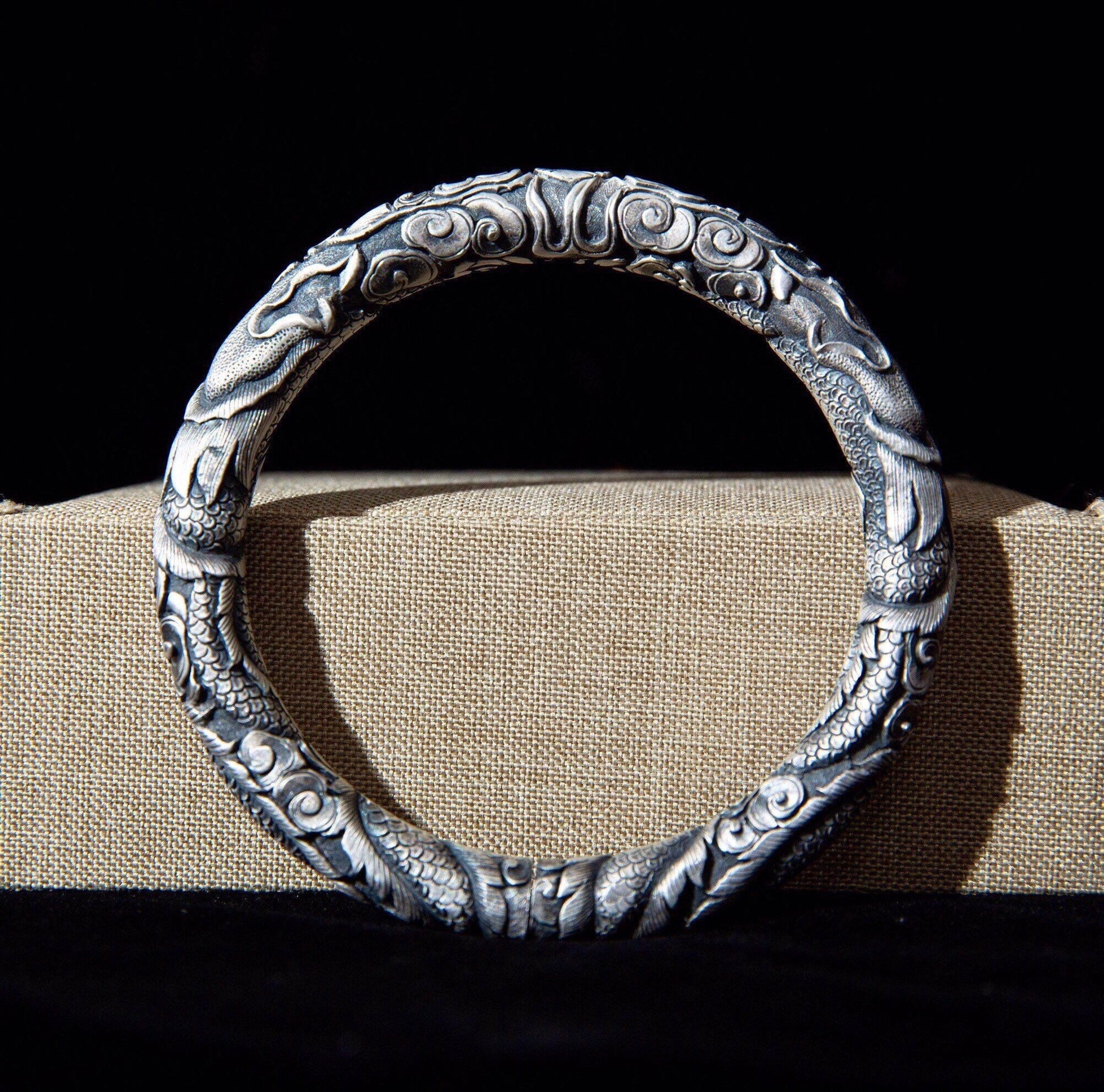 Chunky Fine Silver Engraved Dragon bracelet, valentines day gift for him, man cuff bracelet, solid sterling silver viking bracelet - TibiCollection