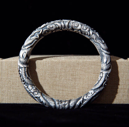 Chunky Fine Silver Engraved Dragon bracelet, valentines day gift for him, man cuff bracelet, solid sterling silver viking bracelet - TibiCollection