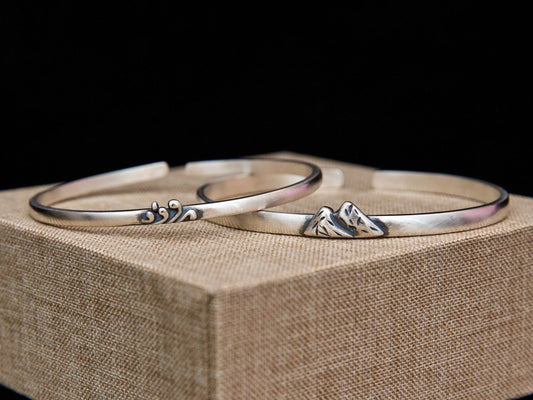 Sterling silver mountain bracelet, ocean bracelet, Mountain sea jewelry, friendship bracelet set, stacking bracelets, wanderlust bracelet - TibiCollection