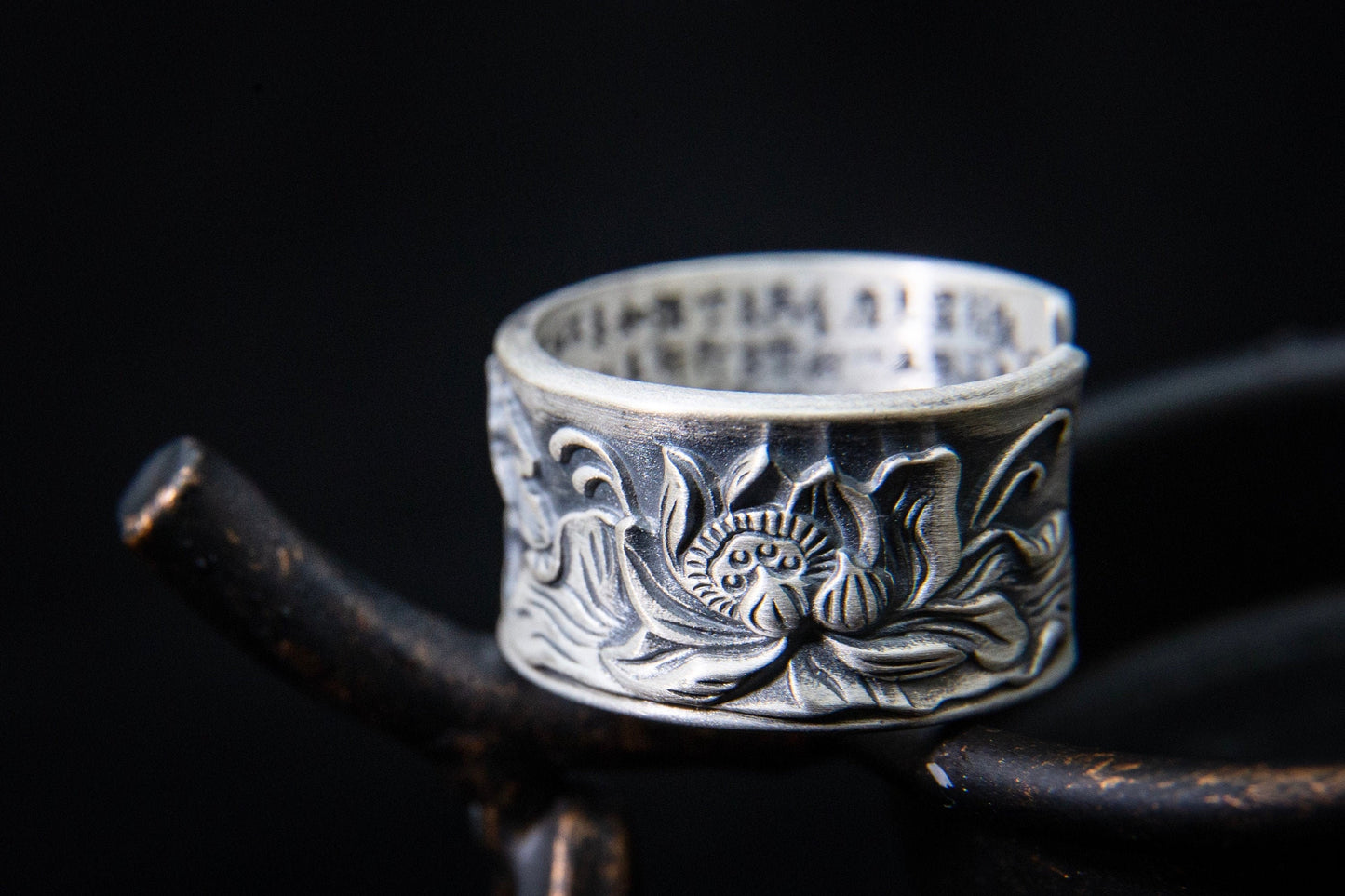 Solid sterling silver meditation ring, thumb ring, engraved lotus mantra ring, unique mens ring, man silver ring, wide band adjustable ring - TibiCollection