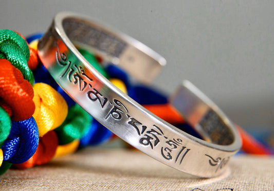 Sterling silver cuff bracelet, engraved bangle ,Tibetan mantra bracelet, meditation bracelet, his and hers bracelet, Buddhist jewelry - TibiCollection