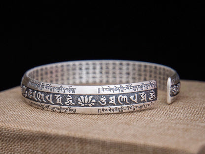 Sterling silver mantra cuff bracelet, unisex meditation bracelet, silver Protection bangle, statement bracelet, mens sterling silver bracele - TibiCollection