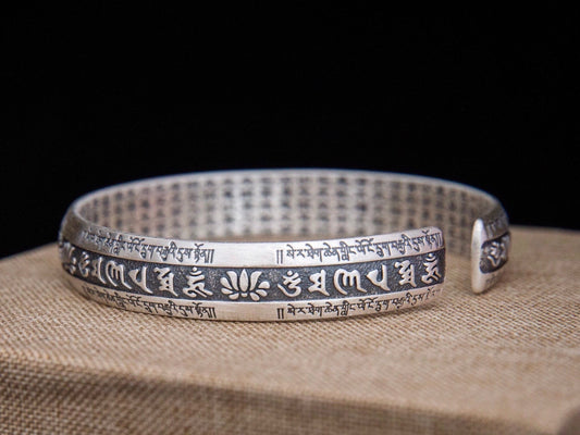 Sterling silver mantra cuff bracelet, unisex meditation bracelet, silver Protection bangle, statement bracelet, mens sterling silver bracele - TibiCollection
