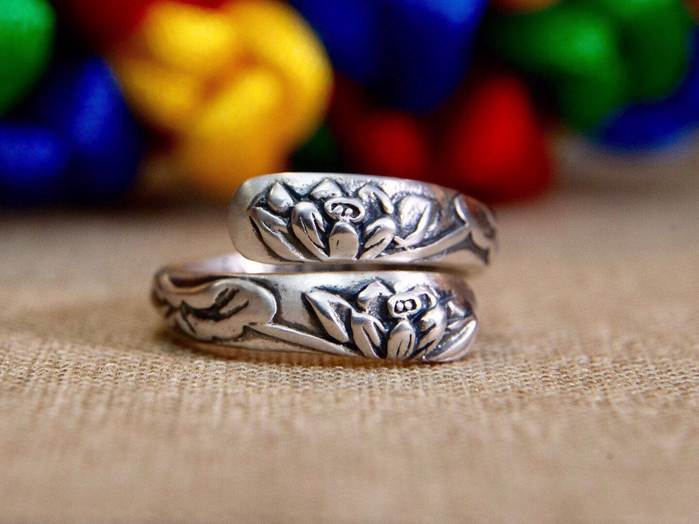 Sterling silver meditation ring, Lotus ring, adjustable ring, statement ring, lotus jewelry, wrap ring, nature ring, graduation gift - TibiCollection