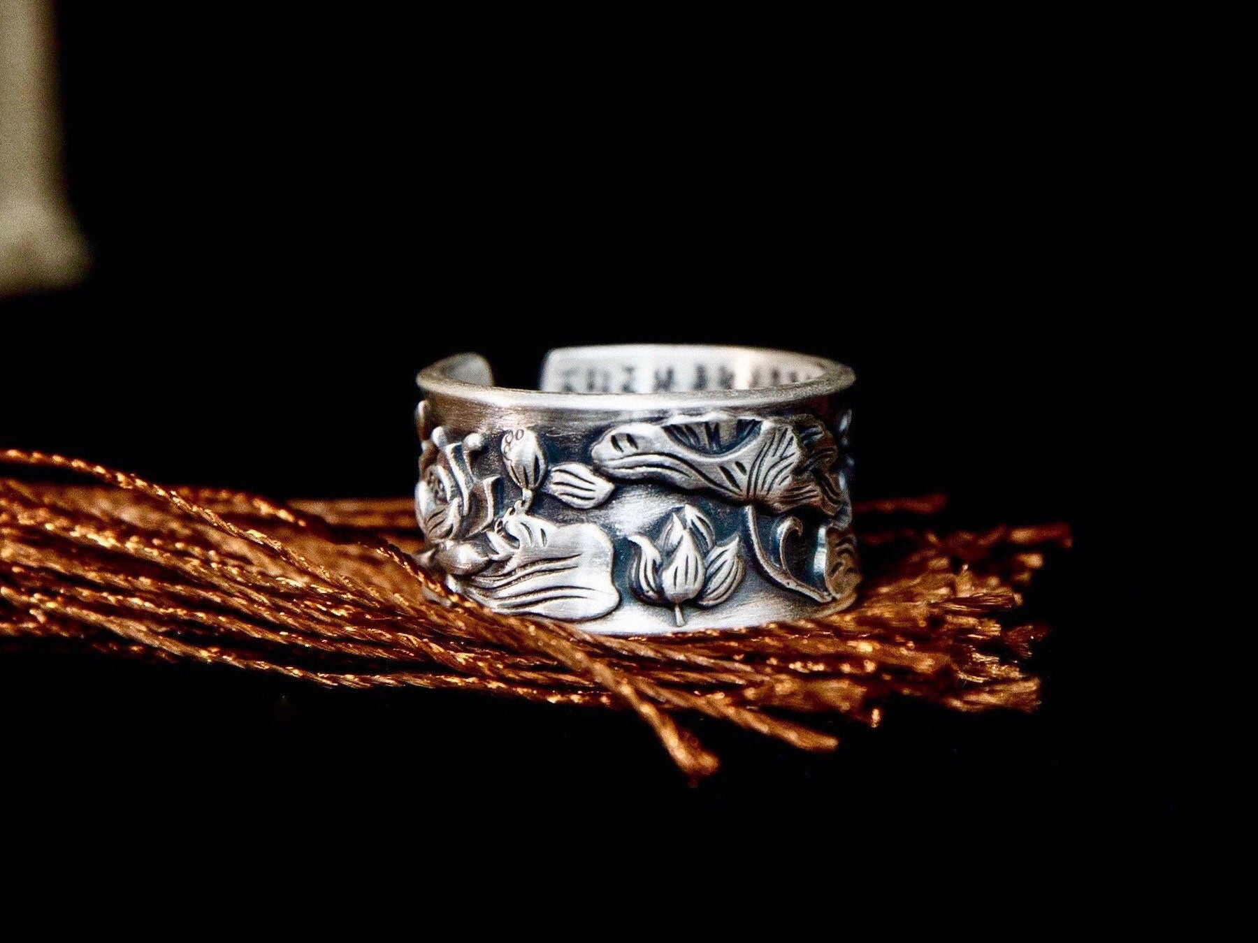 Fine silver Meditation ring, lotus ring, engraved mantra ring, thumb ring, unisex adjustable ring cuff ring, cigar band, Buddhist ring - TibiCollection