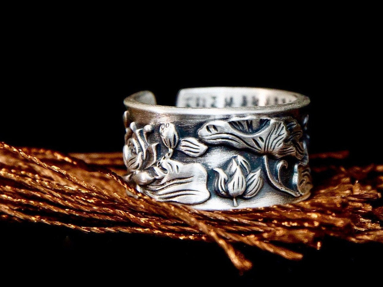 Solid sterling silver meditation ring, thumb ring, engraved lotus mantra ring, unique mens ring, man silver ring, wide band adjustable ring - TibiCollection