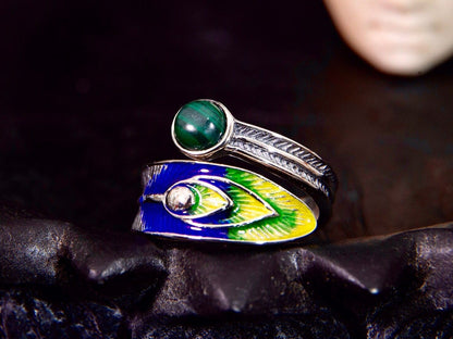 Sterling silver peacock statement ring with malachite , enamel ring, feather ring, nature ring, adjustable ring, peacock jewelry, bird ring - TibiCollection