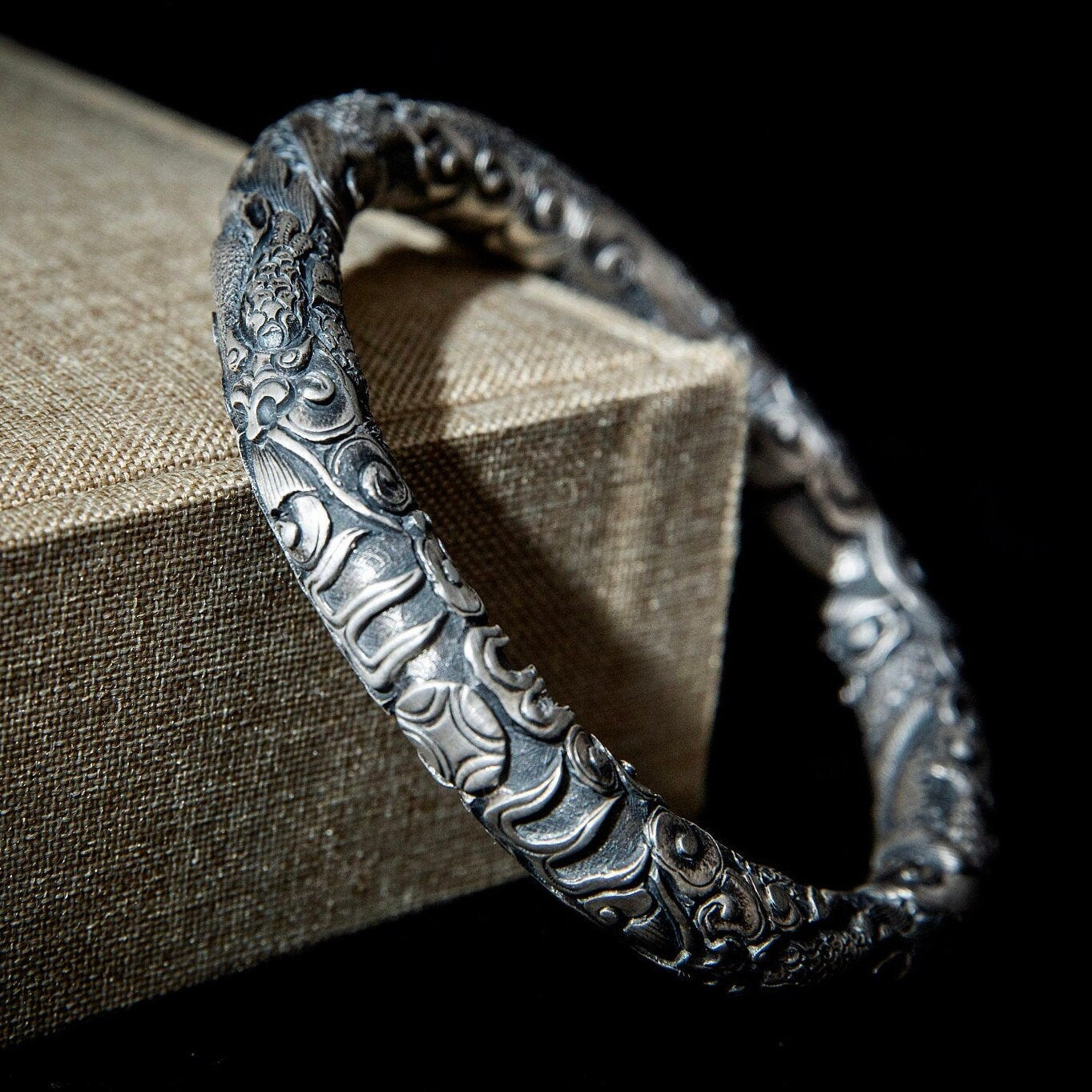 Chunky Fine Silver Engraved Dragon bracelet, valentines day gift for him, man cuff bracelet, solid sterling silver viking bracelet - TibiCollection