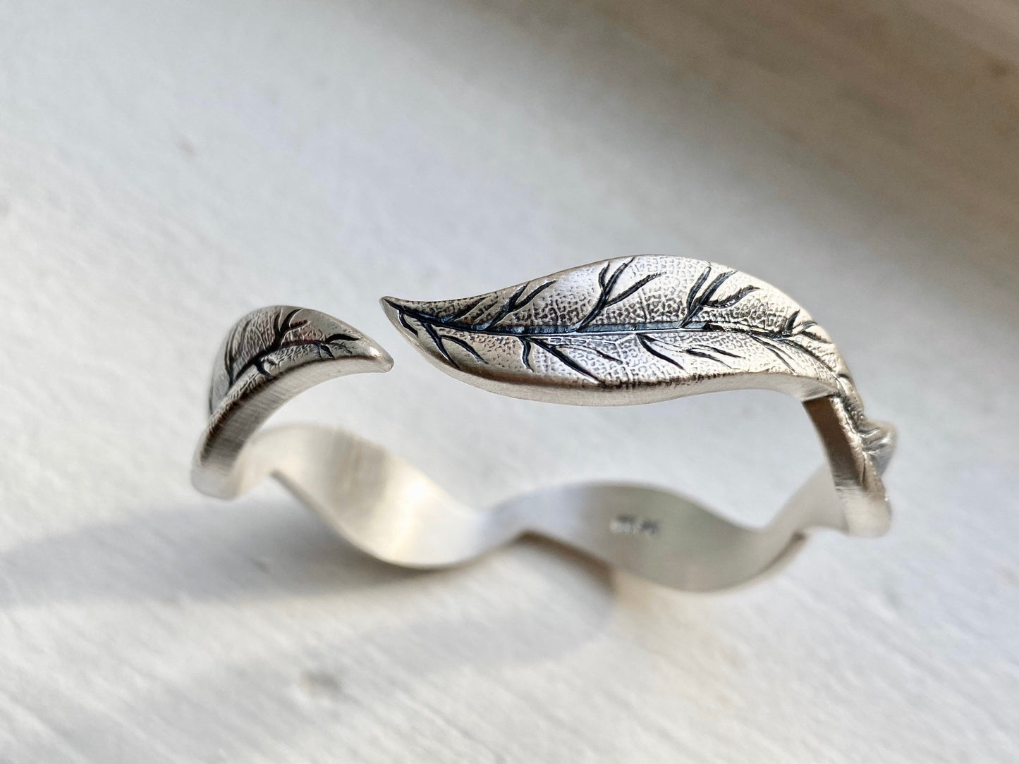 Sterling Silver Cuff Bracelet, Leaf bangle Bracelet, leaf jewelry, nature cuff bracelet, engraved bracelet, silver bracelet for men women - TibiCollection