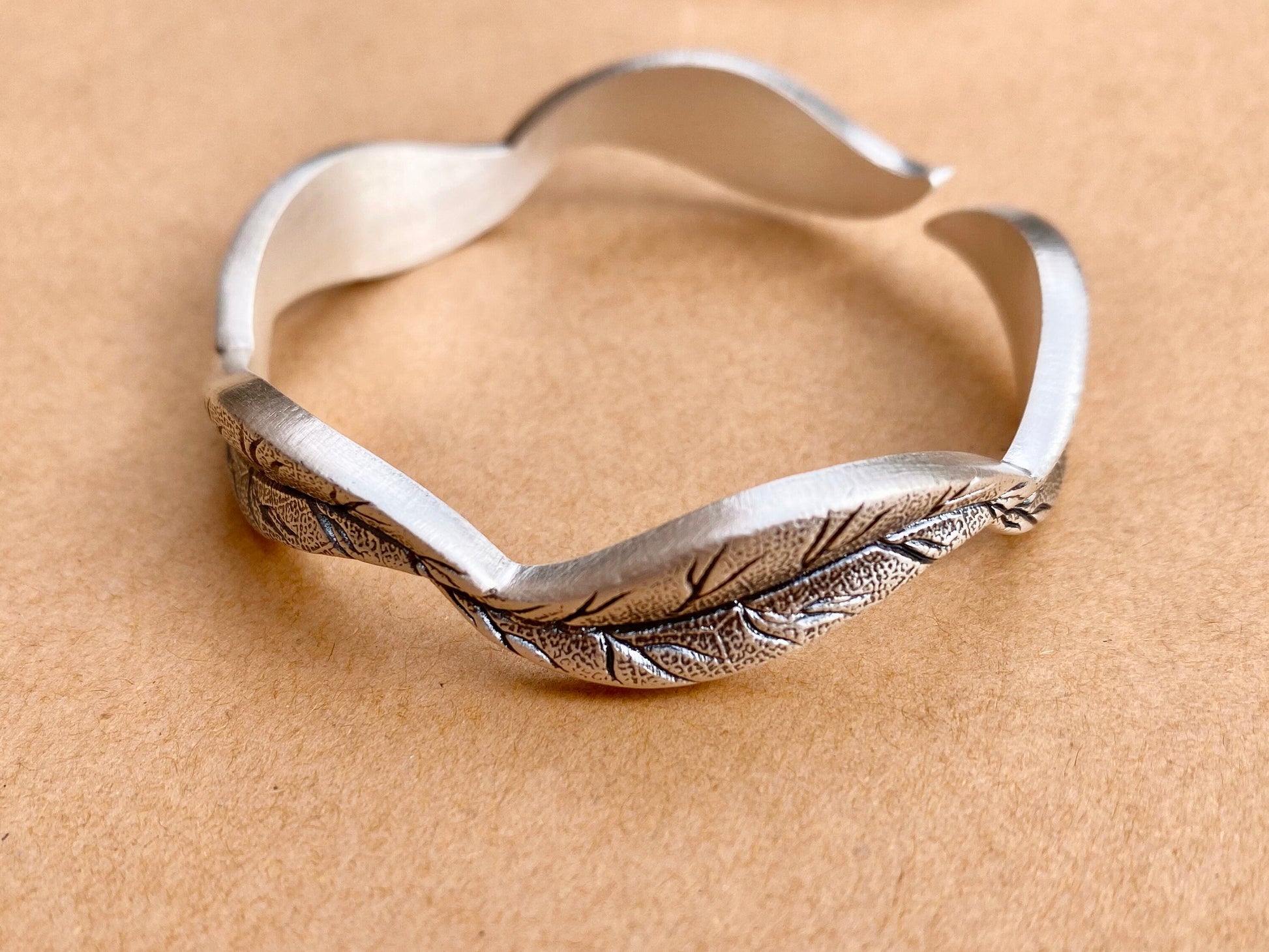 Sterling Silver Cuff Bracelet, Leaf bangle Bracelet, leaf jewelry, nature cuff bracelet, engraved bracelet, silver bracelet for men women - TibiCollection