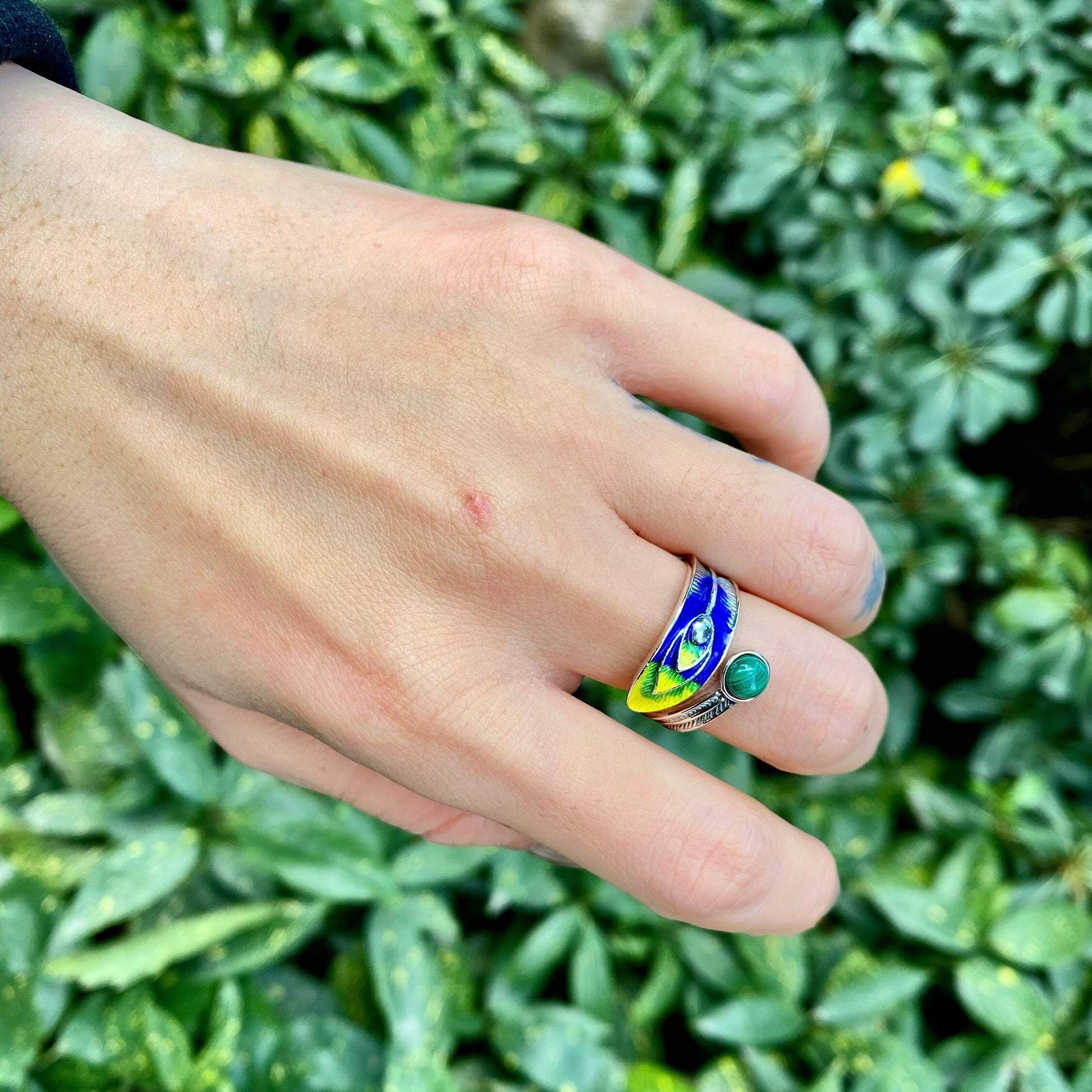 Sterling silver peacock statement ring with malachite , enamel ring, feather ring, nature ring, adjustable ring, peacock jewelry, bird ring - TibiCollection