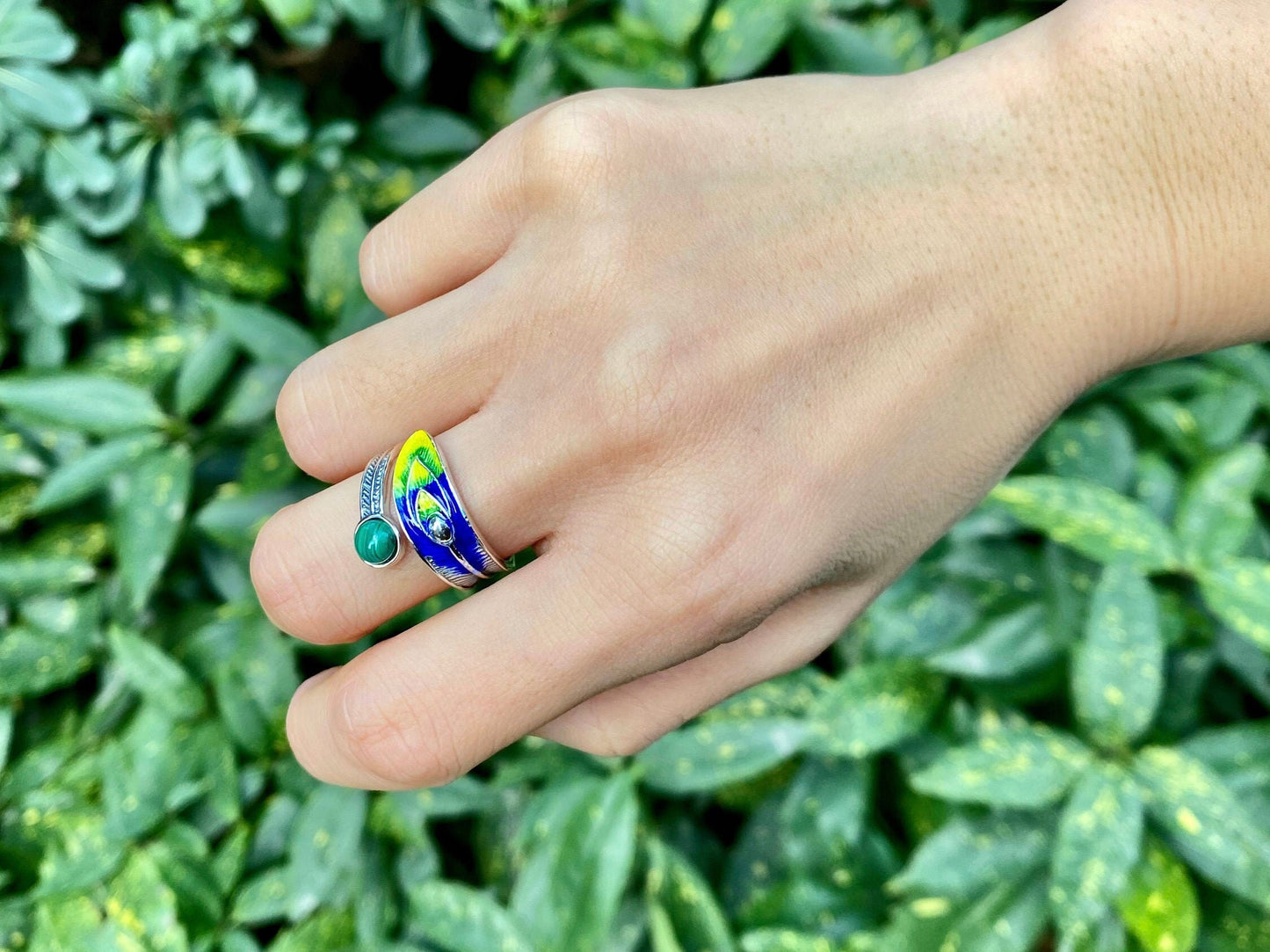 Sterling silver peacock statement ring with malachite , enamel ring, feather ring, nature ring, adjustable ring, peacock jewelry, bird ring - TibiCollection