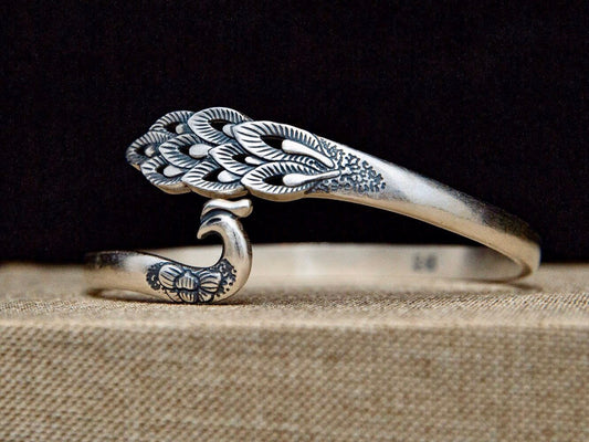 Peacock cuff bracelet, peacock bangle, statement bracelet , adjustable bracelet , sterling silver cuff bracelet, peacock jewelry - TibiCollection