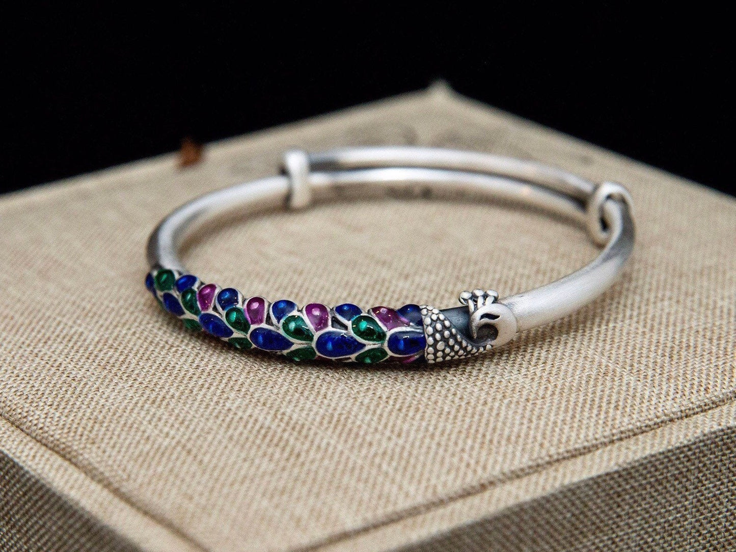 Sterling silver Peacock bangle, peacock statement bracelet, enamel peacock jewelry , adjustable bracelet, solid silver bracelet - TibiCollection