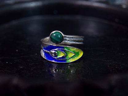 Sterling silver peacock statement ring with malachite , enamel ring, feather ring, nature ring, adjustable ring, peacock jewelry, bird ring - TibiCollection