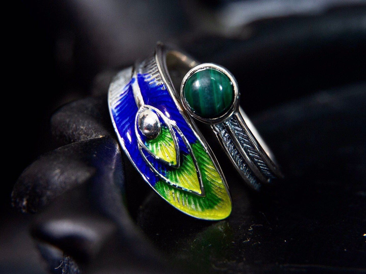 Sterling silver peacock statement ring with malachite , enamel ring, feather ring, nature ring, adjustable ring, peacock jewelry, bird ring - TibiCollection