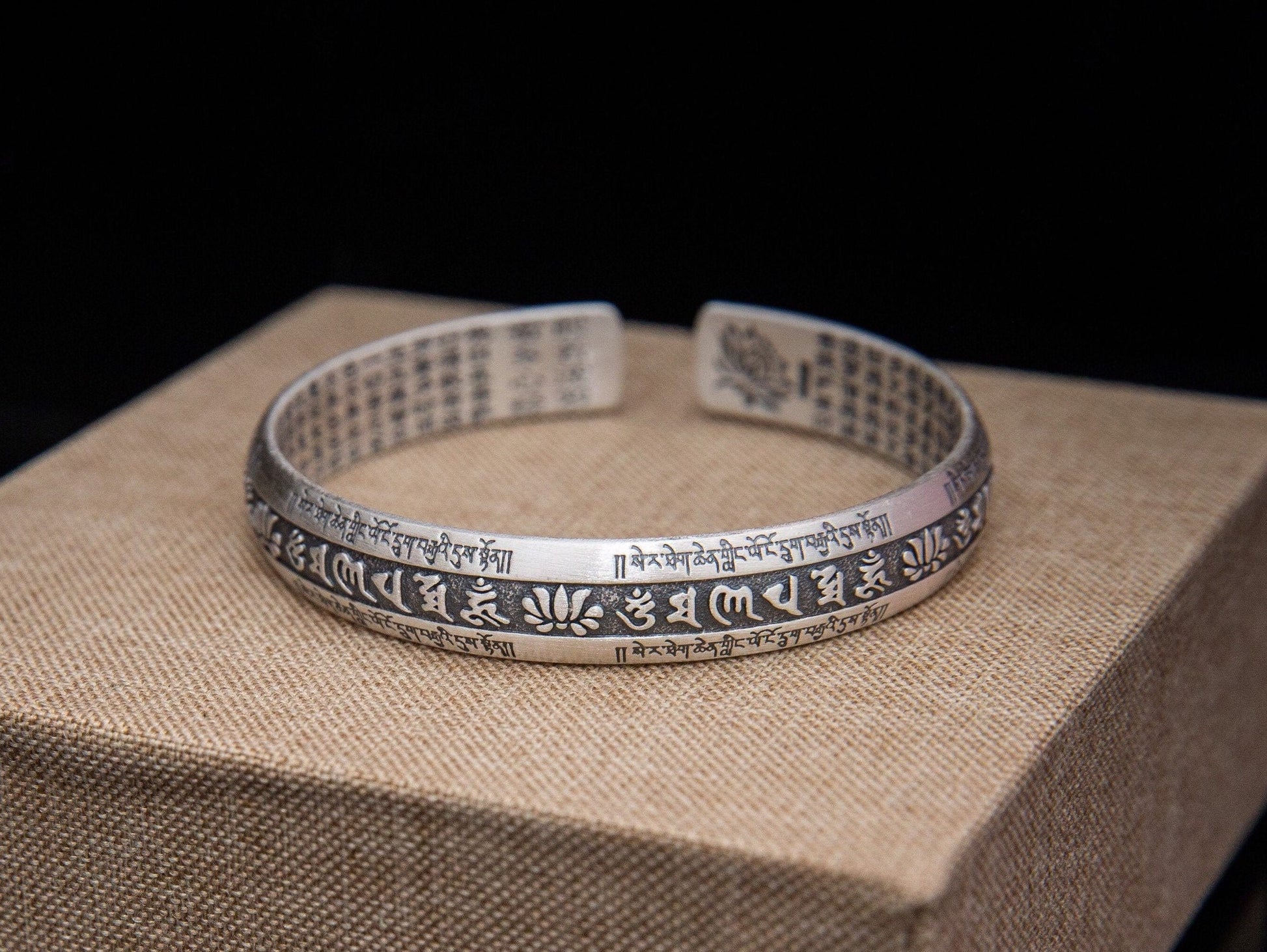 Sterling silver mantra cuff bracelet, unisex meditation bracelet, silver Protection bangle, statement bracelet, mens sterling silver bracele - TibiCollection