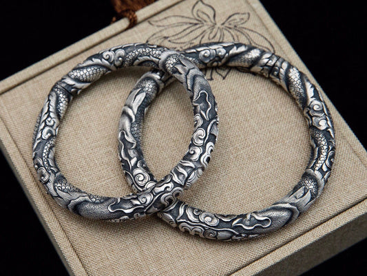 Heavy chunky men's silver bracelet engraved dragon, fine silver mens cuff bracelet, viking bracelet, solid silver bangle, dragon jewelry - TibiCollection