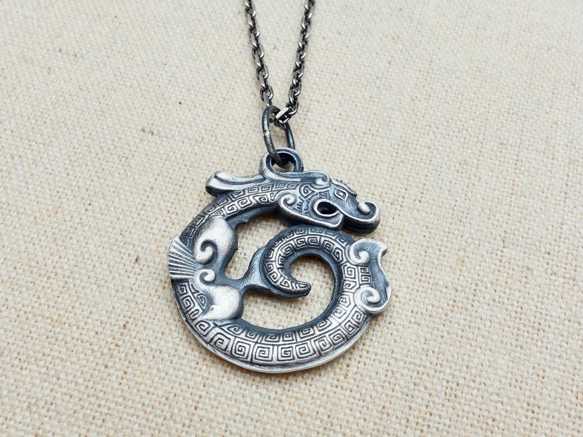 Sterling Oxidized Silver Mens Necklace, Dragon Necklace, Rustic mens silver necklace, mens pendant necklace mens jewelry gift for him - TibiCollection