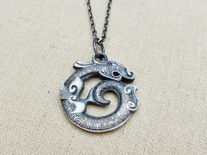 Sterling Oxidized Silver Mens Necklace, Dragon Necklace, Rustic mens silver necklace, mens pendant necklace mens jewelry gift for him - TibiCollection