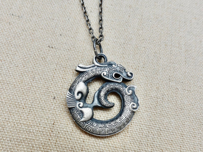 Sterling Oxidized Silver Mens Necklace, Dragon Necklace, Rustic mens silver necklace, mens pendant necklace mens jewelry gift for him - TibiCollection