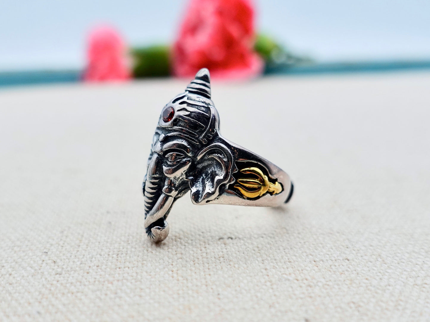 Sterling Silver Ganesha Ring, Hindu Elephant Face Ring, Adjustable ring, Ganpati Ring, Lord Ganesha Silver Ring - TibiCollection