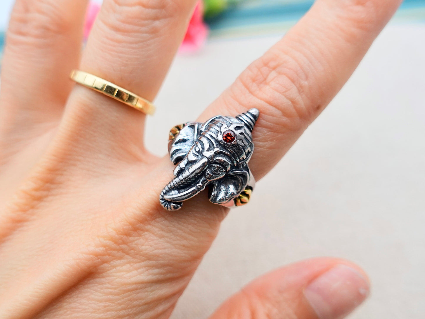 Sterling Silver Ganesha Ring, Hindu Elephant Face Ring, Adjustable ring, Ganpati Ring, Lord Ganesha Silver Ring - TibiCollection