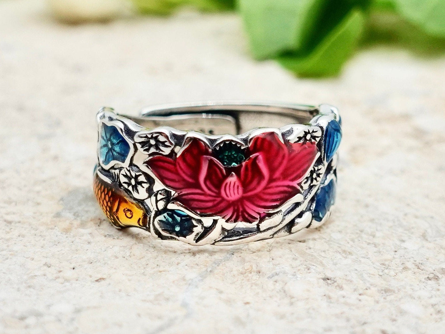 Lotus Ring, Hollow Out Statement Thumb Ring, Sterling Silver Colorful Flower Ring, Enamel Ring, Adjustable Wide Band Ring - TibiCollection