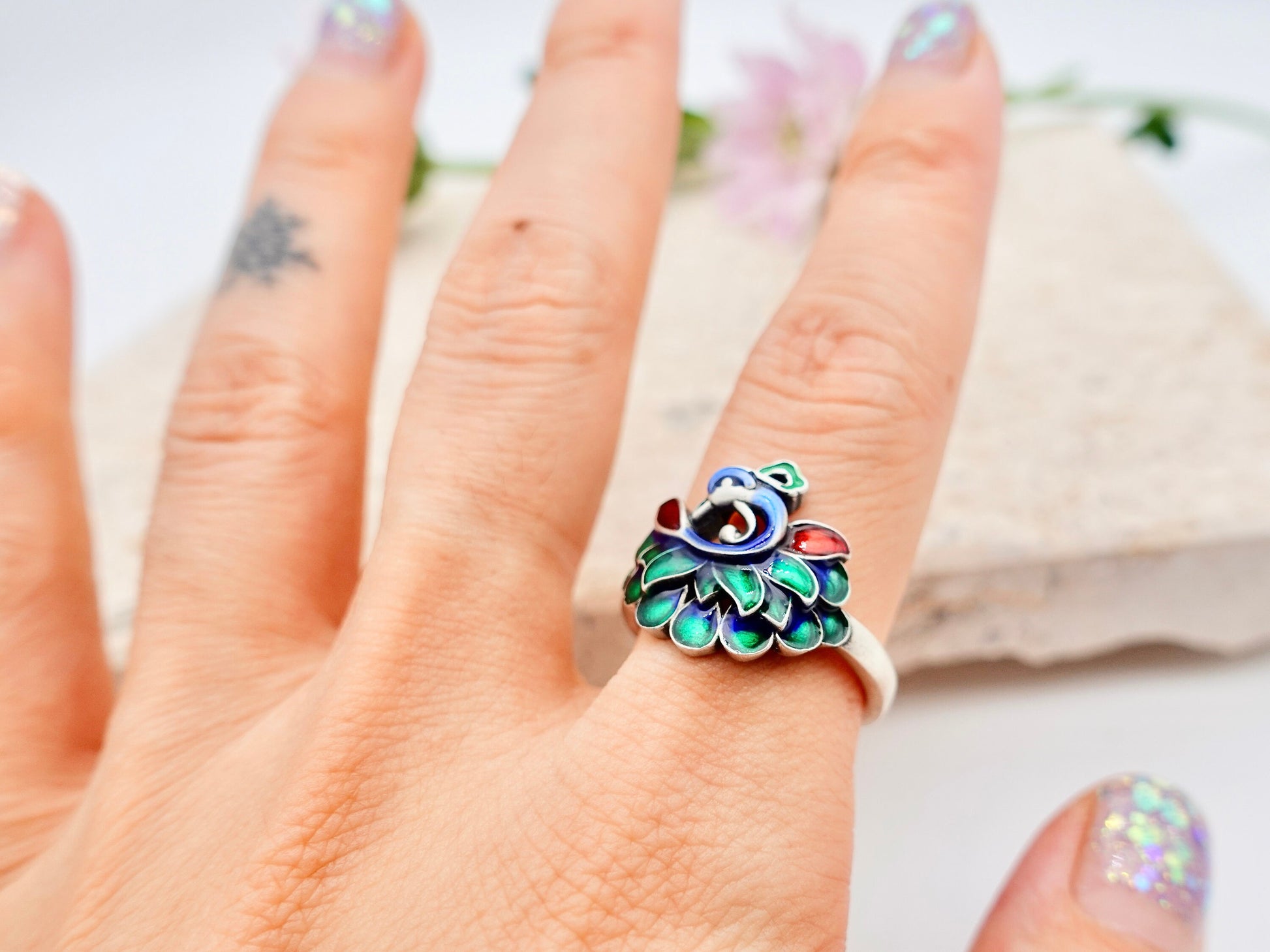 Peacock Ring , Sterling Silver Enamel Ring, Adjustable ring, Multi Color Peacock Jewelry, Bird Ring, Promise Ring - TibiCollection