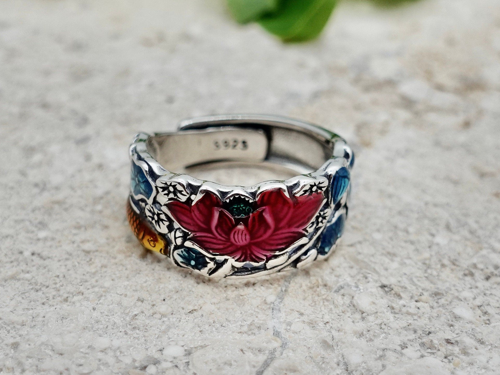 Lotus Ring, Hollow Out Statement Thumb Ring, Sterling Silver Colorful Flower Ring, Enamel Ring, Adjustable Wide Band Ring - TibiCollection