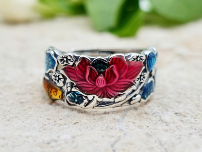 Lotus Ring, Hollow Out Statement Thumb Ring, Sterling Silver Colorful Flower Ring, Enamel Ring, Adjustable Wide Band Ring - TibiCollection