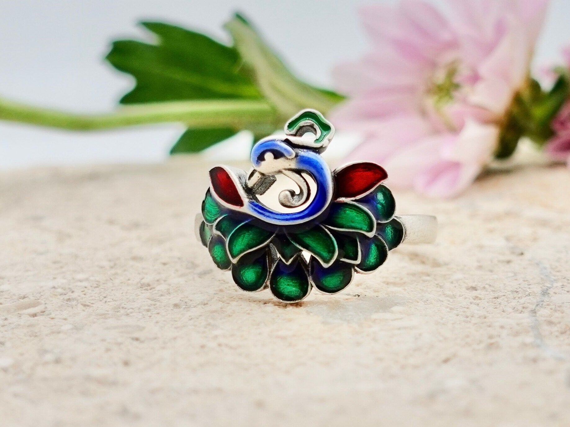 Peacock Ring , Sterling Silver Enamel Ring, Adjustable ring, Multi Color Peacock Jewelry, Bird Ring, Promise Ring - TibiCollection