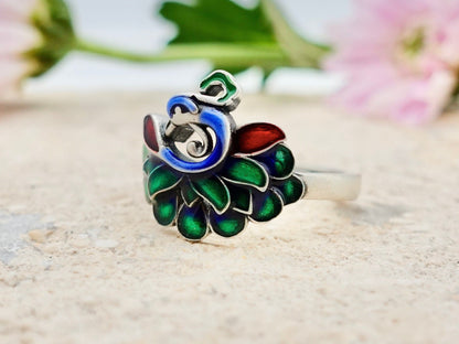 Peacock Ring , Sterling Silver Enamel Ring, Adjustable ring, Multi Color Peacock Jewelry, Bird Ring, Promise Ring - TibiCollection