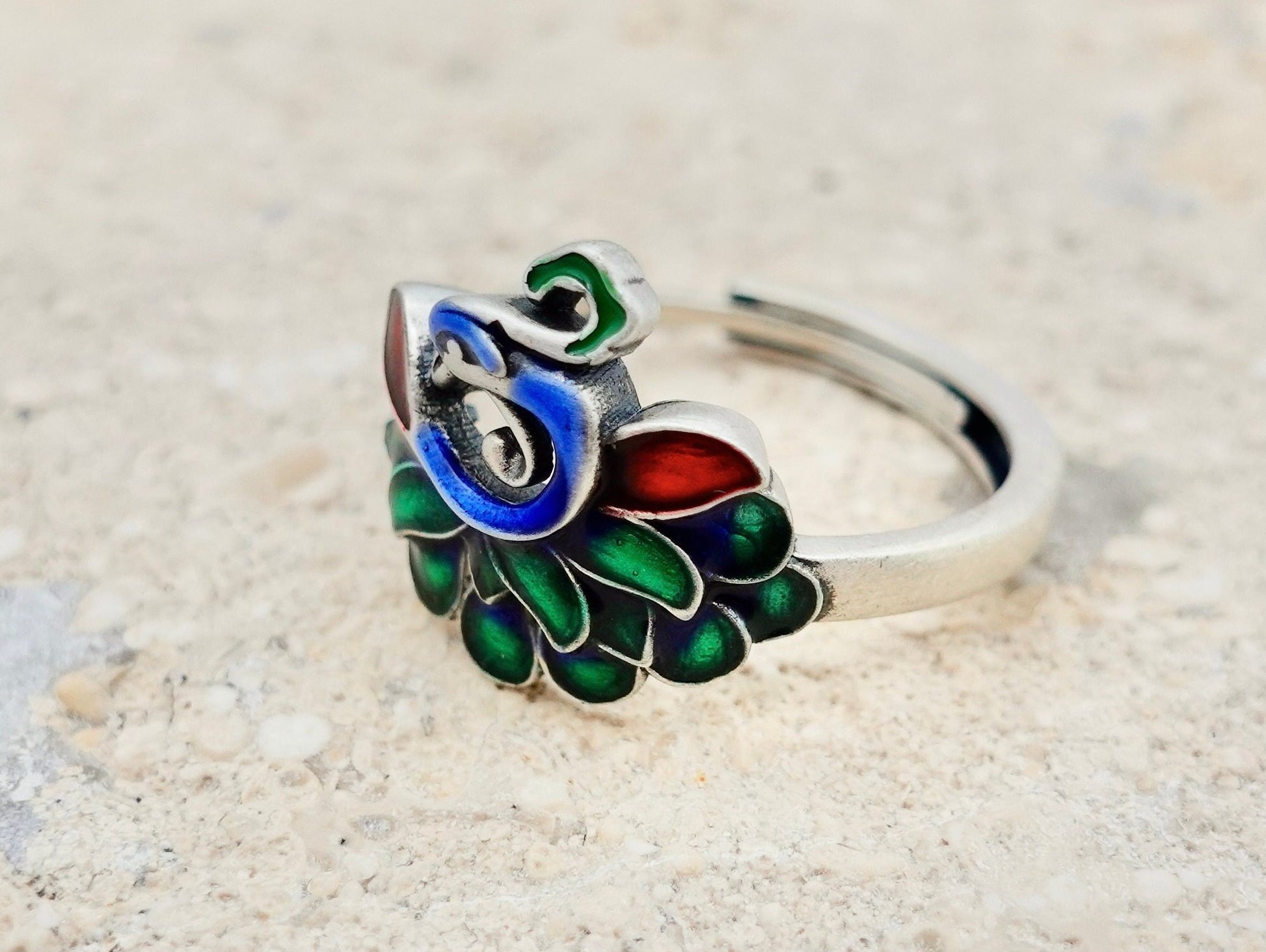 Peacock Ring , Sterling Silver Enamel Ring, Adjustable ring, Multi Color Peacock Jewelry, Bird Ring, Promise Ring - TibiCollection