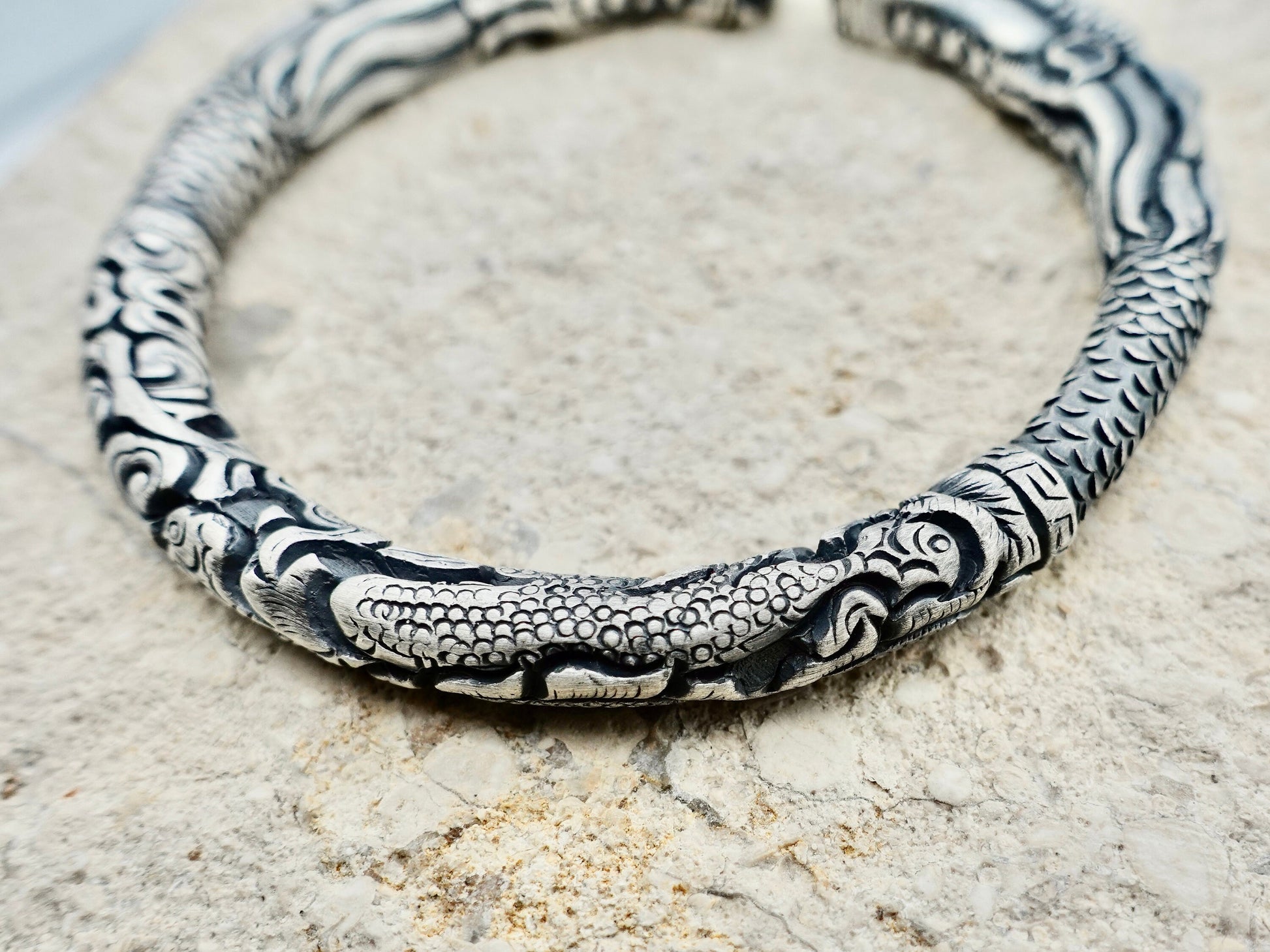 Sterling Silver Dragon Bracelet, Double-Dragon Head Mens Cuff Bracelet, Gift for Him Her Gift for Father - TibiCollection