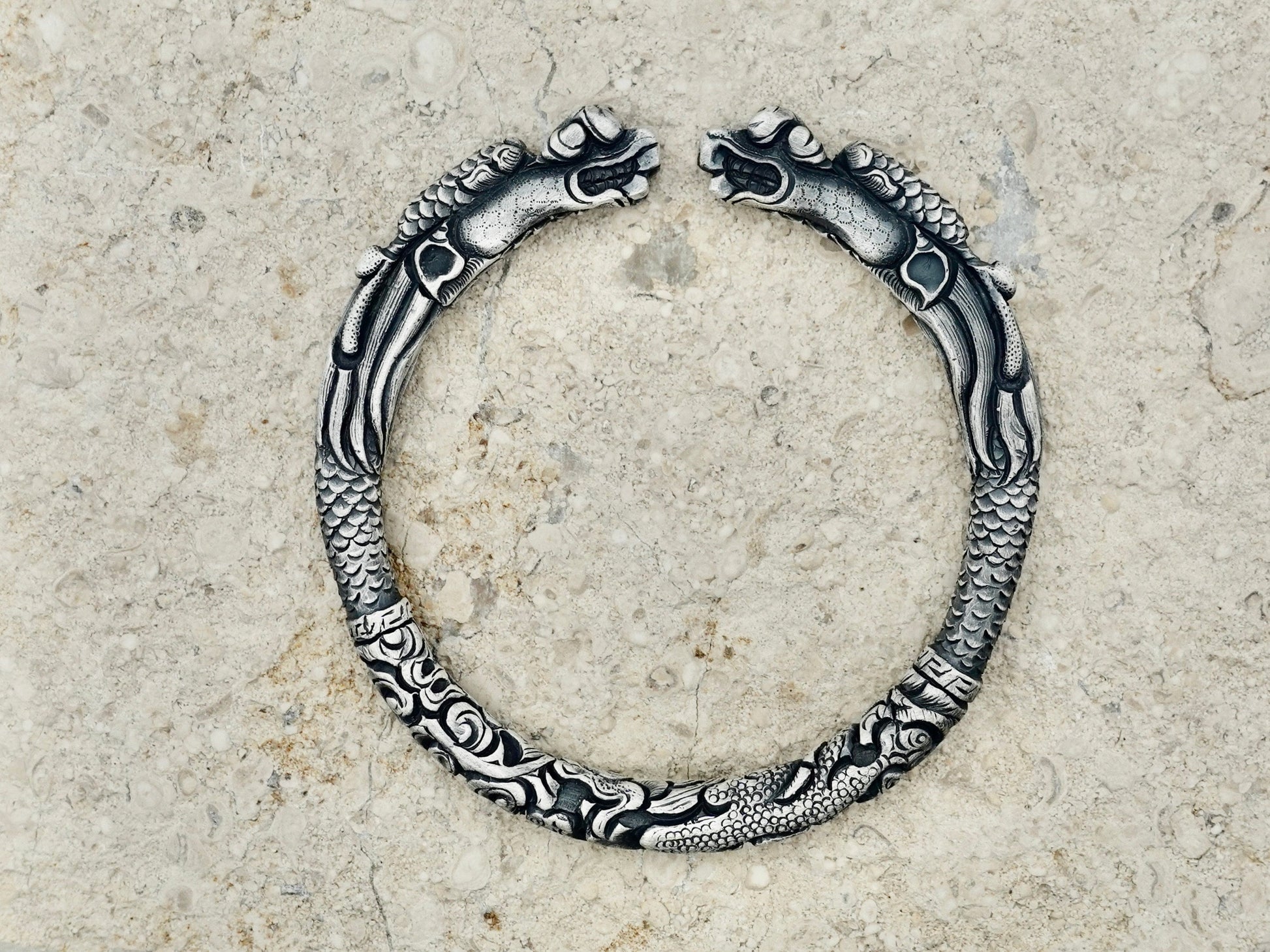 Sterling Silver Dragon Bracelet, Double-Dragon Head Mens Cuff Bracelet, Gift for Him Her Gift for Father - TibiCollection