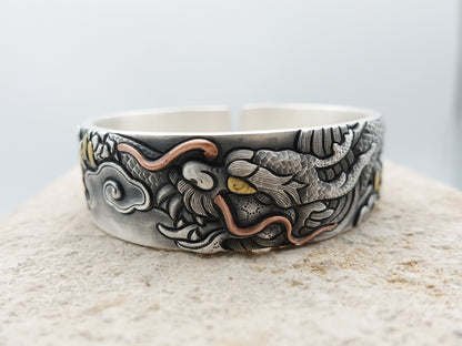 Sterling Silver Dragon Bracelet, Mens Cuff Bracelet, Dragon Wide Cuff Bangle Gift for Him Her - TibiCollection